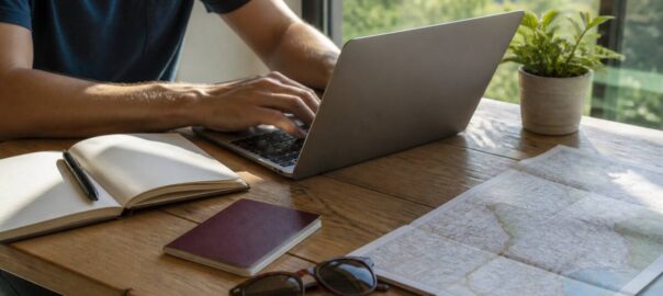 Reiziger vergelijkt vakanties met laptop, notitieboek en kaart op tafel
