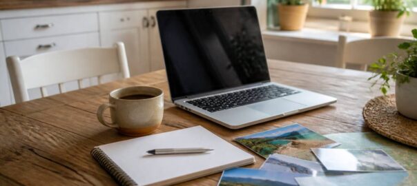 Laptop en notitieboek op tafel tijdens het plannen van een vakantie