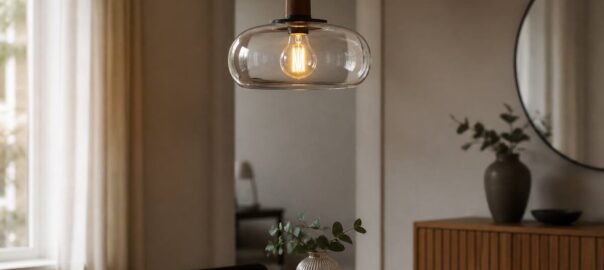Glazen hanglamp in een moderne eetkamer met warm en diffuus licht