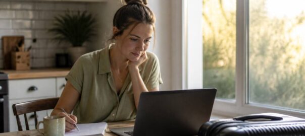Iemand die met laptop en reisnotities vakanties vergelijkt aan een keukentafel