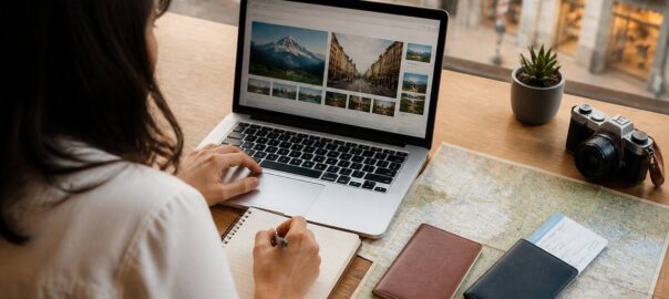 Iemand die reizen en vakanties vergelijkt aan een tafel met laptop en reisnotities