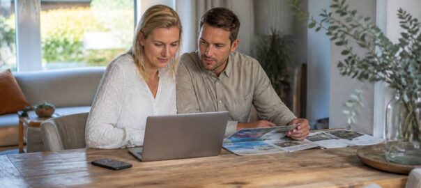 Vakanties vergelijken aan een keukentafel met laptop en reisplanner