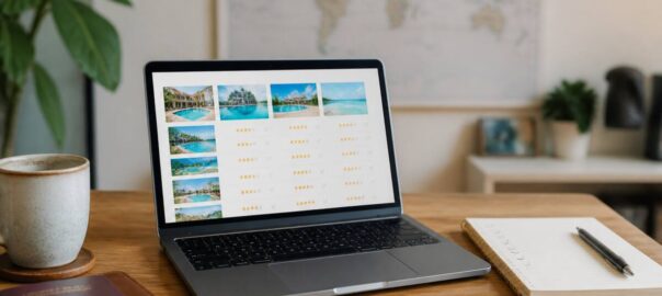 Checklist op reis: laptop met vakantievergelijking en notitieboekje met checkmarks