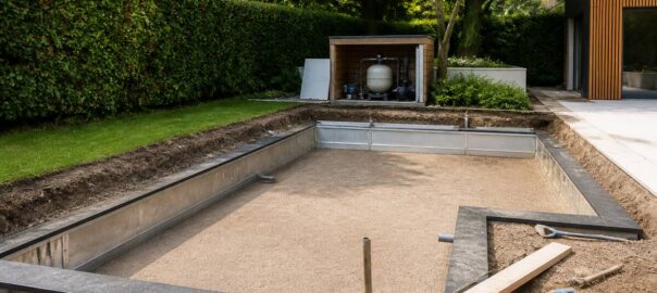 Achtertuin in aanleg met zicht op de voorbereide ondergrond en zwembadtechniek