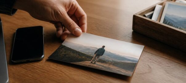 Hand die een fotoprint plaatst op een houten bureau bij daglicht