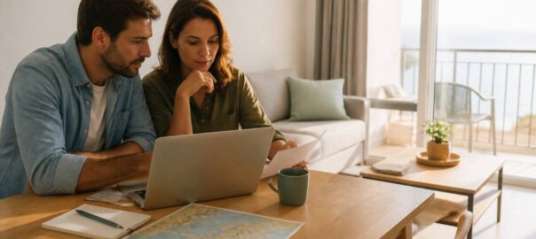 Checklist voor het vergelijken van vakanties met notities en kaartmateriaal aan een tafel
