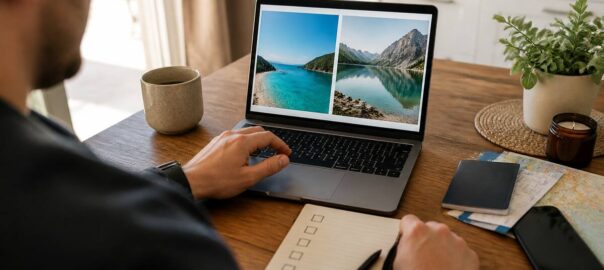 Iemand vergelijkt vakantieopties op een laptop met reisnotities en documenten