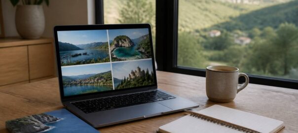 Reiziger vergelijkt vakanties aan een keukentafel met laptop en reisnotities